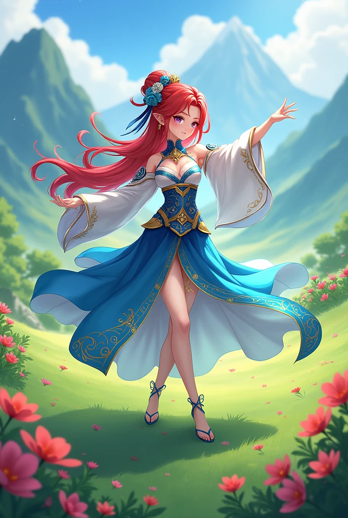 (Лучшее качество), подробный фон, Nilou from Genshin Impact standing in a meadow filled with Padisarah flowers from Genshin Impact. Nilou is wearing her traditional dance costume with blue and gold elements, her long red hair flowing in the wind. She is performing a graceful dance, her movements smooth and elegant. Magical particles glow around her, creating an atmosphere of enchantment. The meadow is surrounded by green hills and trees, with mountains visible in the background. Style and color grading as in the game Genshin Impact, high quality, detailed environment, vibrant colors, anime style.
