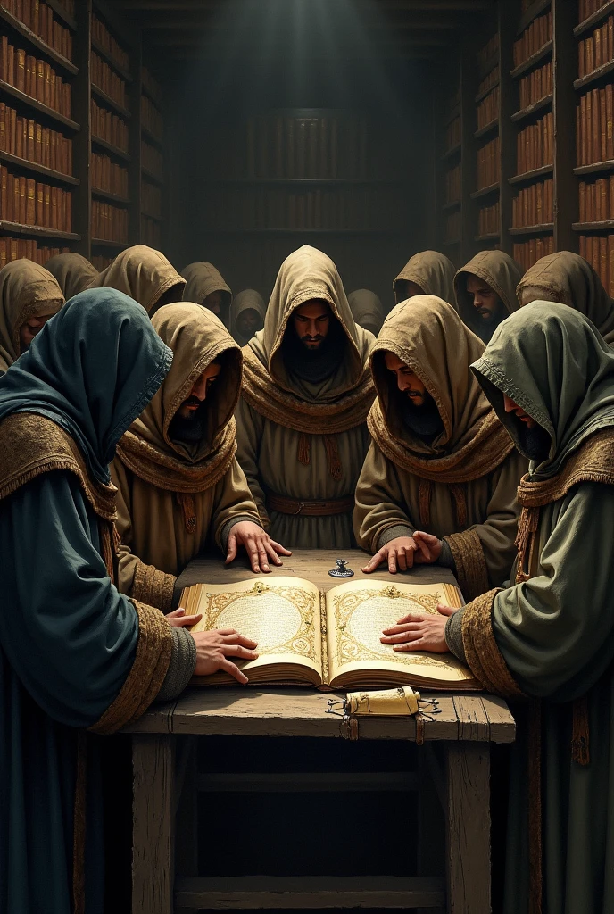 A group of medieval scholars wearing old robes, studying a large book in a dimly lit room with a dark and monastic atmosphere. Bookshelves and scrolls are visible in the background. 9:16