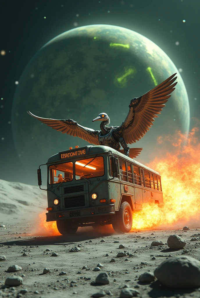 Create a cyborg heron driving a burning bus escaping a radioactive zombie megalodon skull on the moon