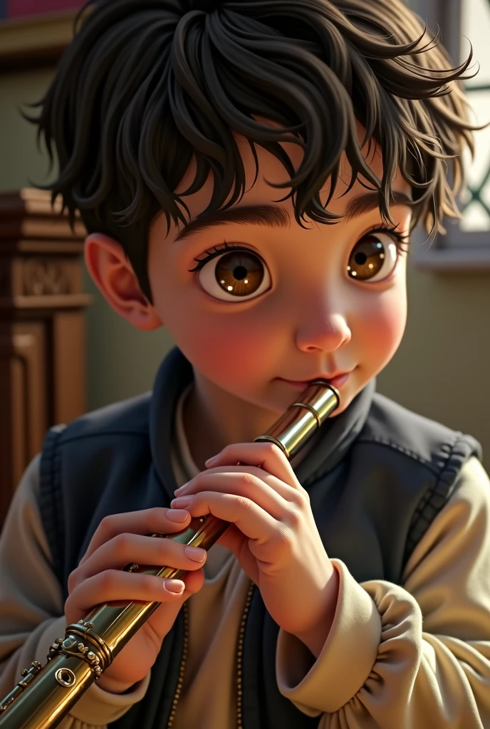 A close-up view of young Frederick's face as he concentrates on playing a flute. His delicate features are framed by soft lighting, reflecting his innocence and intelligence. The background hints at a royal study room with warm tones and intricate details.