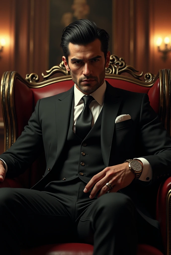 (Anime character) A dashing man in a suit, sharp eyes and neat black hair with sideburns (slicked back hairsyle). His facial expression was flat and emotionless. He is a mafia boss, sitting on his throne.