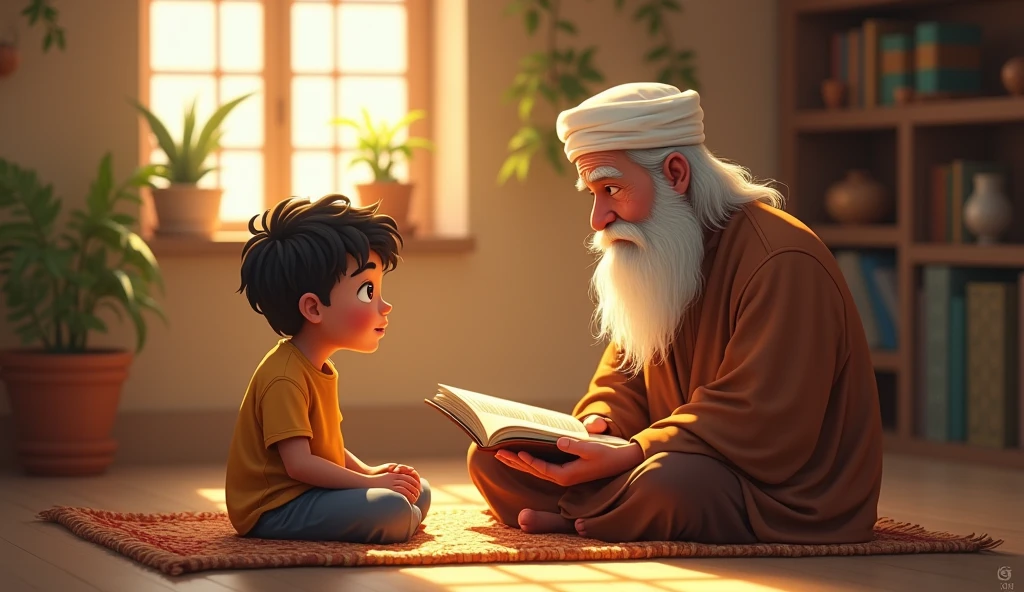 A young boy named Rofiq, sitting on a traditional mat in a cozy room with simple, warm décor. His wise grandfather, with a white beard and a kind expression, is telling him an Islamic story. The atmosphere is peaceful, with soft sunlight filtering through a window.