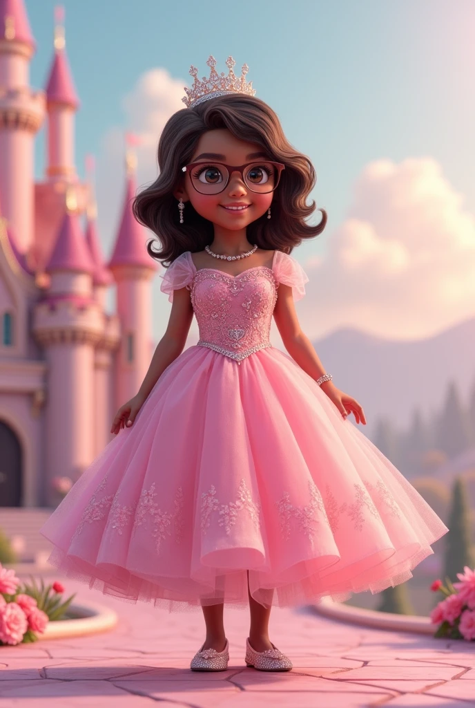 Little princess, full body image, , pink dress with flared skirt to the floor, wears brown framed glasses and crown and shoes with diamonds, eyes browns, brown skin, smiling, shoulder length hair, curly and dark brown, in the background landscape pink castle

