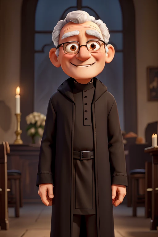 an old priest smiling in a black old cassock long sleeves, with a catholic black biretta, with short curly brown hair, brown eyes, wide chin, with a halo, praying