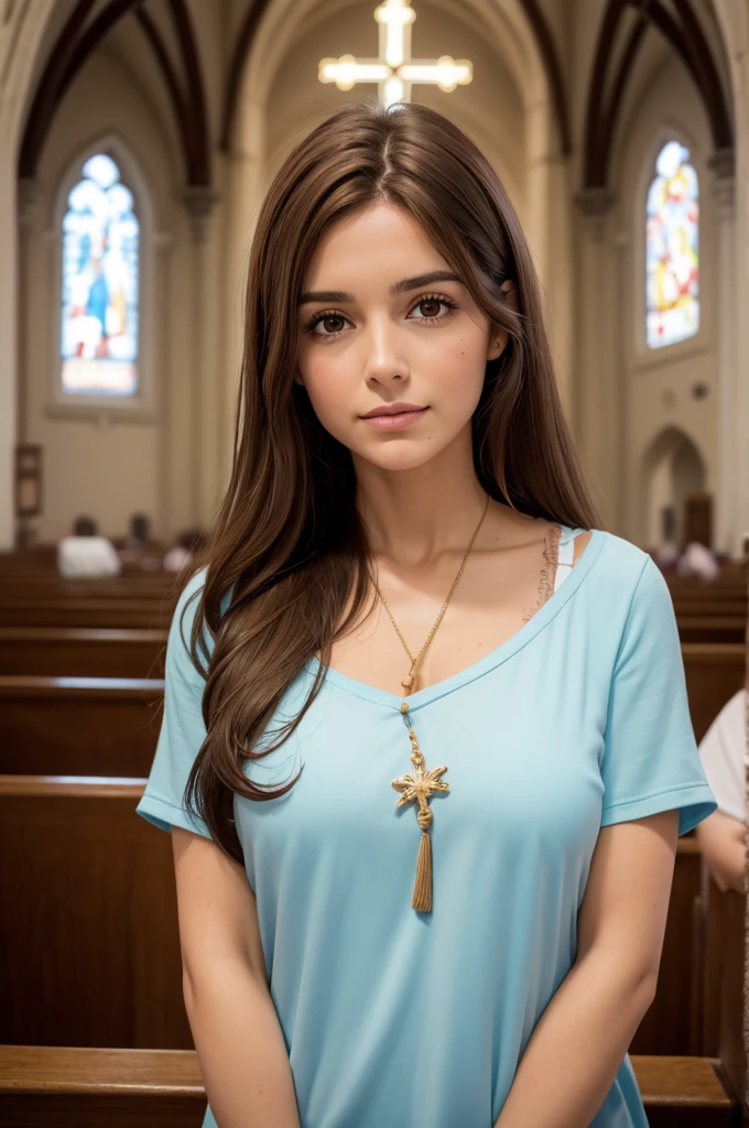  com os olhos castanhos, with brown hair with loose hair, super linda, in church with scapular around neck
