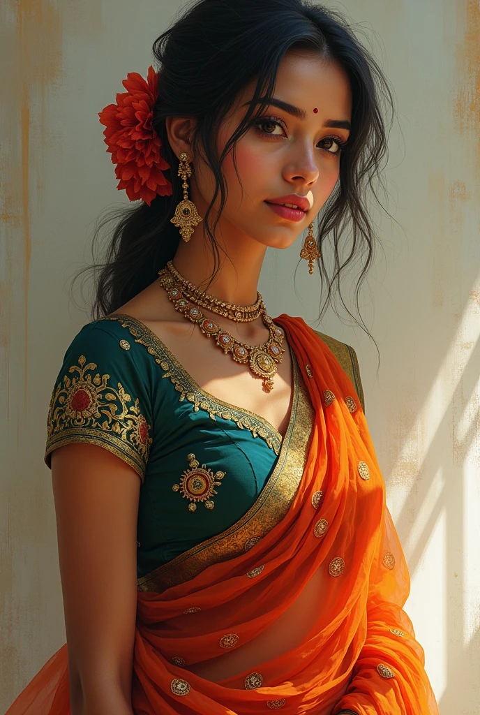 A beautiful hindu woman wearing blouse petticoat
