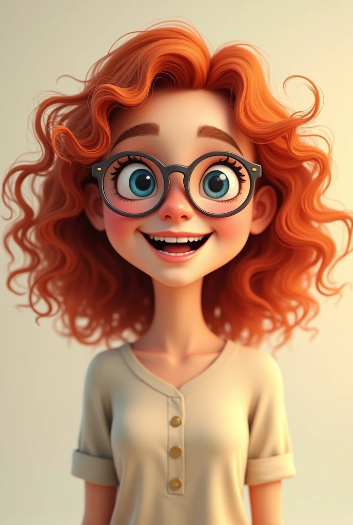 Red curly hair, medium length hair, woman, round bottom glasses, animated, smile, blue eyes, small neck, round face, High Resolution, blouse, adult