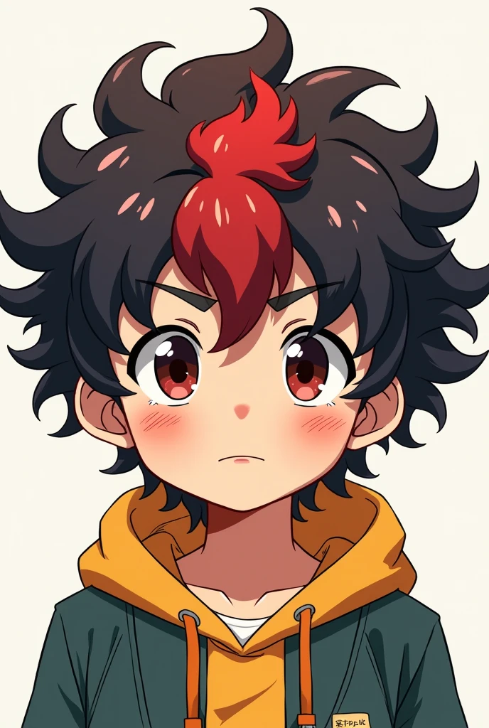 Create pictures of a boy who has curly hair and a red streak in front and design should be like anime mesäg