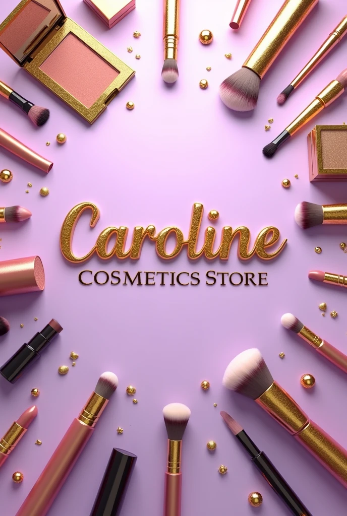 make a background image in the makeup segment of various types of makeup and cosmetics utensils with the name in the center of the image, With name ( Caroline Cosmetics Store ) in realistic gold , the background is in lilac with a gradient with gold effects