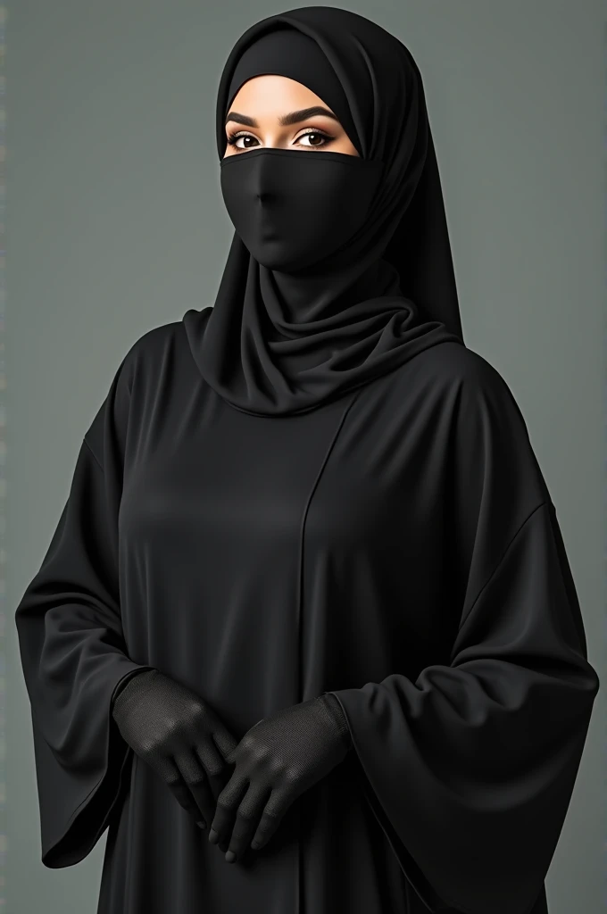woman with big breasts wearing tight jilbab with gloves and niqab covering her full face and her nipples are seen through her dress
show full view