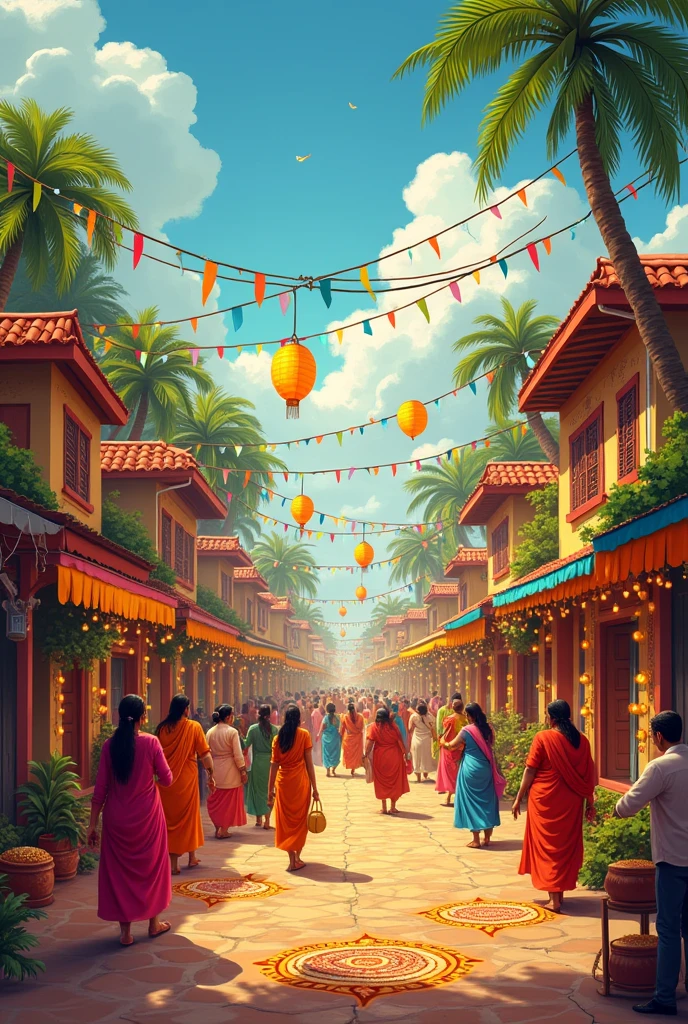 Village Preparation: Illustrate the vibrant village of Sundarapuram with homes decorated for Vinayaka Chavithi. Include colorful festoons, lights, and people bustling about in preparation.