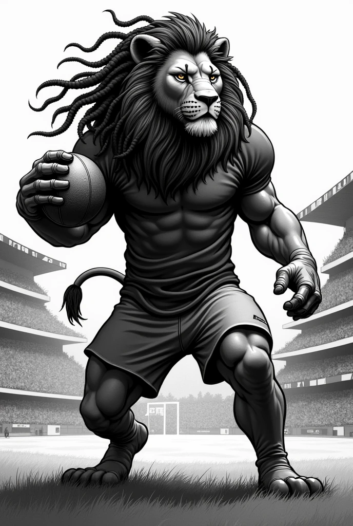 create a drawing of a black and white lion with dreadlocks in his hair standing with a football in his hand in a football stadium with a team shirt without a shield