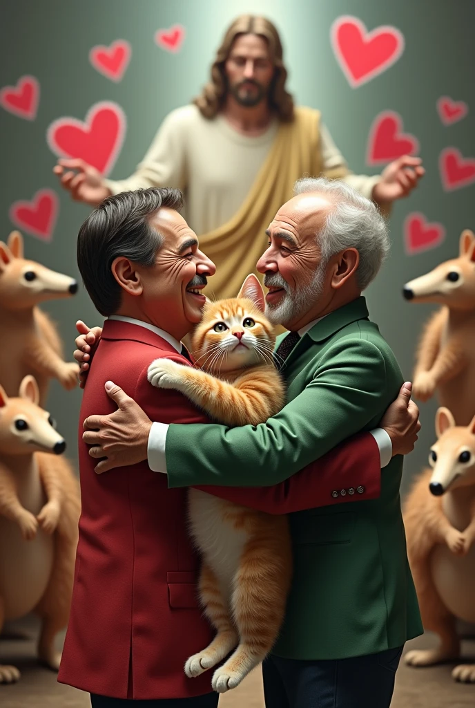 Make an image of a kitten hugging former president Bolsonaro and current president Lula ,and it has to be written in the image "
Love, sorry for shaking my ass for your father, it&#39;s involuntary. He&#39;s square and I love geometric shapes.!!!"...and there have to be several hearts in the image and in the background there has to be Jesus blessing them and the people in it have to be several Taylor Swift and several platypuses love sorry for shaking my ass for your father it&#39;s involuntary he&#39;s square and I love geometric shapes!!