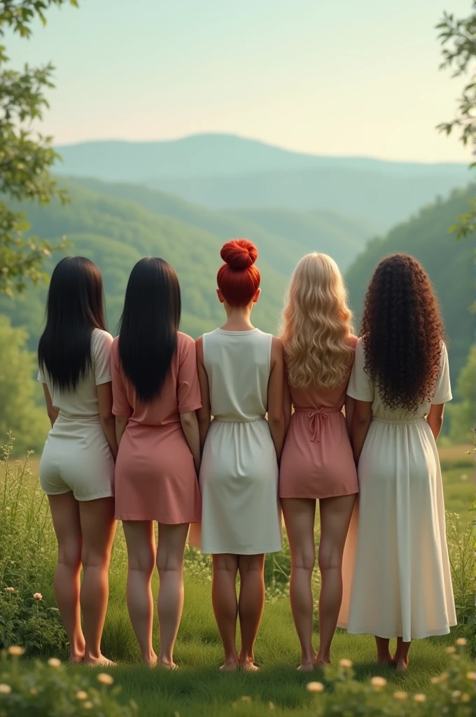 5 women from behind, one thin with waist-length straight black hair next to her, another thin woman with a red hair bun next to her, a chubby woman with white pixie cut hair next to her, a thin woman with waist-length light brown half-curly hair next to her, another chubby woman with long curly hair, all from behind in a beautiful landscape
