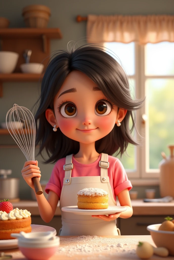 create a pixar style young girl, with dark brown eyes, skin fair, loose straight hair, with pink blouse and white apron, holding a whisk and a cake, in a confectionery workshop