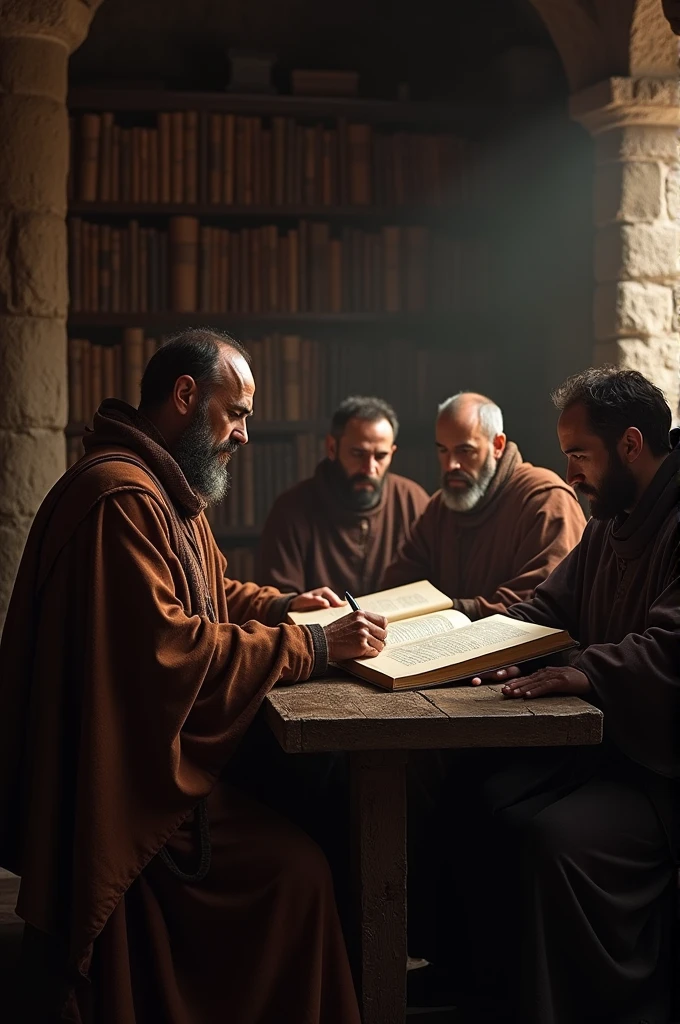 A group of medieval scholars wearing old robes, studying a large book in a dimly lit room with a dark and monastic atmosphere. Bookshelves and scrolls are visible in the background. 9:16