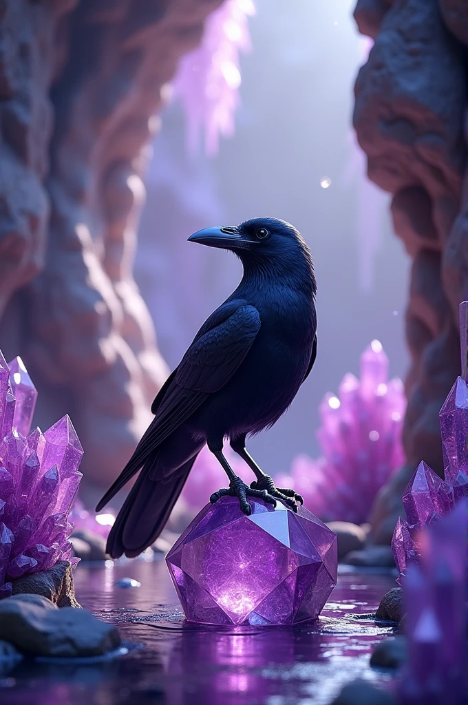 A realistic crow from the side, perching on a purple glass, in a cave with purple crystals, all with a frame of purple crystals