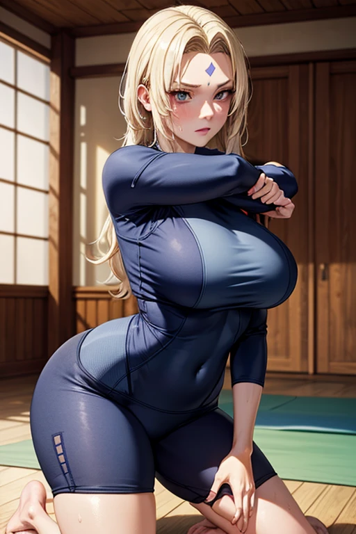 masterpiece, Highest quality,  (Unreal Engine), reality, Super Resolution,  Very detailed, Complex, colorful, Clear images, Sharp focus, Digital Blending, 

One Woman, Senju Tsunade, Tsunade, Forehead mark, long, straight blonde hair, Big Breasts, Saggy breasts, Butt, Perfect Eyes, Perfect Face, Ultra detailed hair, Ultra detailed face, Very detailed lips, Vivid expression, Healthy Body, Beautifully detailed sweat glands, Smooth skin texture, Carefully drawn,

((humidity:1.3), Sticky with sweat), (Wear a tight yoga suit, Bold and sexy yoga poses ,Hot Yoga, Sweat makes your yoga wear transparent),  

indoor, Hot Yoga, (Shot on Sony α9, Dynamic Angle), Browsing Caution, 