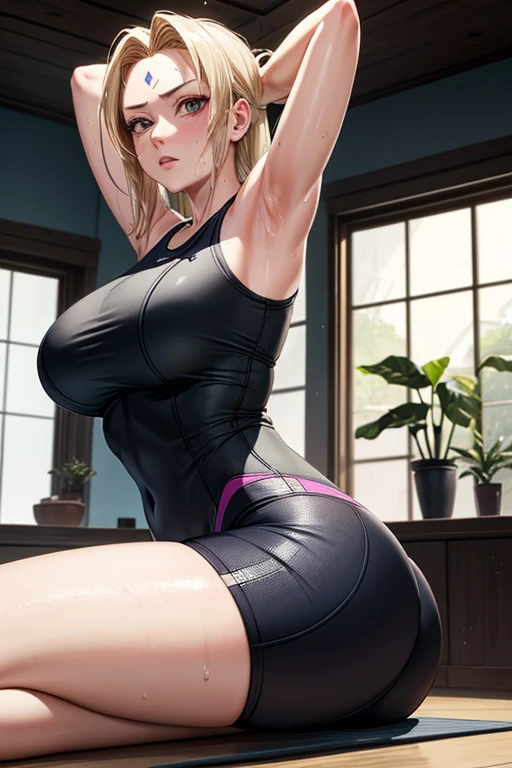 masterpiece, Highest quality,  (Unreal Engine), reality, Super Resolution,  Very detailed, Complex, colorful, Clear images, Sharp focus, Digital Blending, 

One Woman, Senju Tsunade, Tsunade, Forehead mark, long, straight blonde hair, Big Breasts, Saggy breasts, Butt, Perfect Eyes, Perfect Face, Ultra detailed hair, Ultra detailed face, Very detailed lips, Vivid expression, Healthy Body, Beautifully detailed sweat glands, Smooth skin texture, Carefully drawn,

((humidity:1.3), Sticky with sweat), (Wear a tight yoga suit, Bold and sexy yoga poses ,Hot Yoga, Sweat makes your yoga wear transparent),  

indoor, Hot Yoga, (Shot on Sony α9, Dynamic Angle), Browsing Caution, 