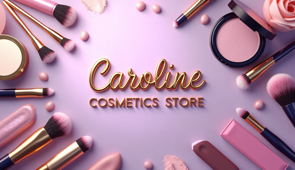 make a background image in the makeup segment of various types of makeup and cosmetics utensils with the name in the center of the image, With name ( Caroline Cosmetics Store ) in realistic gold , the background is in lilac with a gradient with gold effects