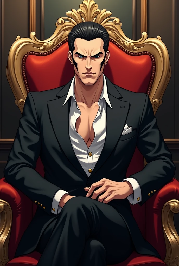 A dashing man in a suit, sharp eyes and neat black hair with sideburns (slicked back hairsyle). His facial expression was flat and emotionless. He is a mafia boss, sitting on his throne. He is the anime character.