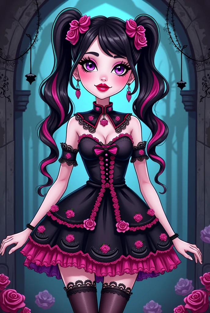 Create a redesign image for Draculaura [Monster High] using gothic and lolita style [Cartoon Style]