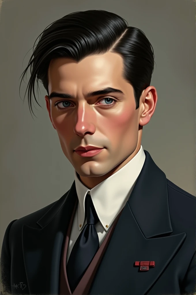 Make me an image of a duke with straight black hair and blue eyes around 1910.