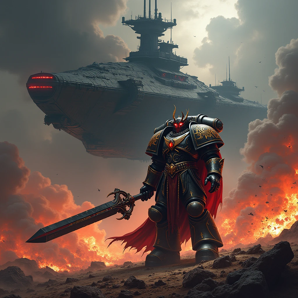 Create a cover with the name Darck Code ,Oh in the background Abaddon the Conqueror destroying the planet Cadia ,with the black ship