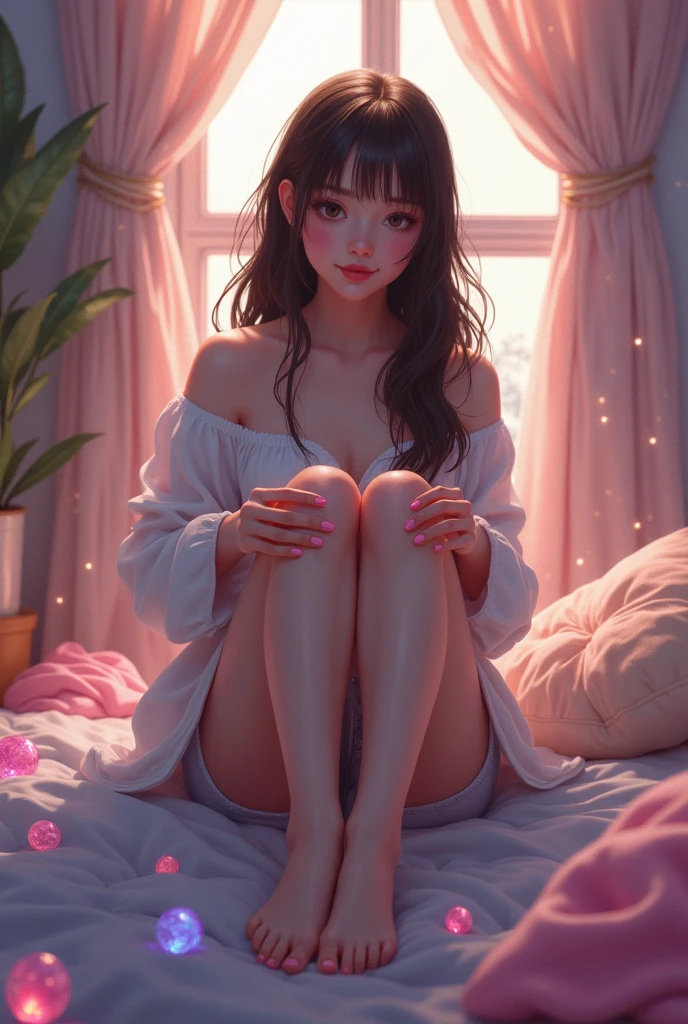 Pretty female ager sit i'm bedroom, blush, cutie, stripping wet socks naked in a fantasy environment