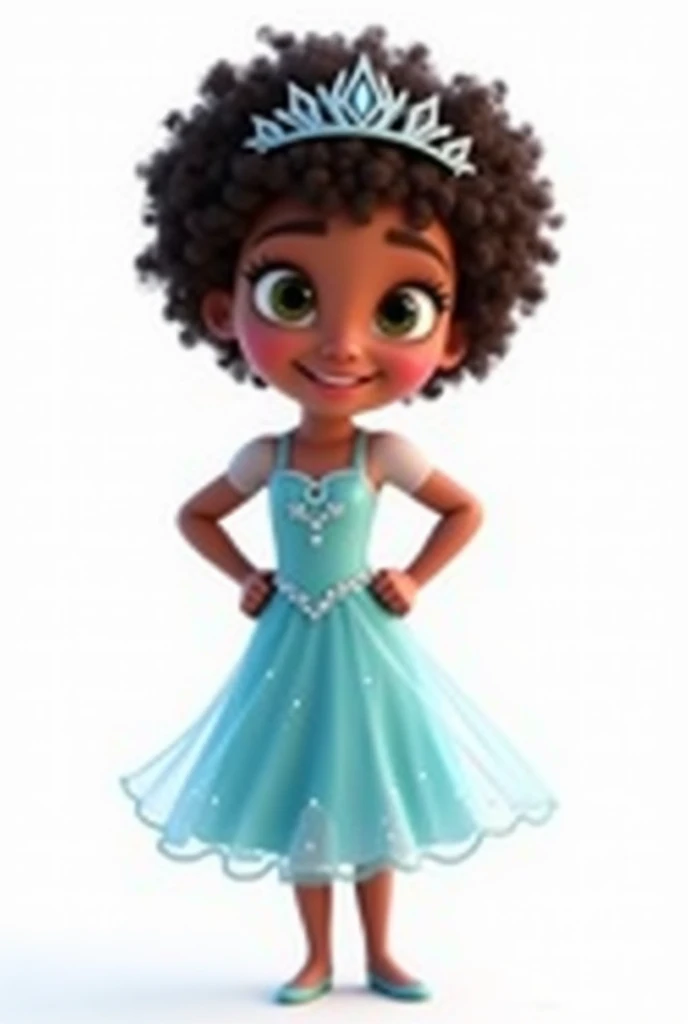 Create a high-quality, high-definition (HD) Pixar 3D-style image with vivid colors and sharp lines. The image should include: A girl, standing with her hands on her waist, dancing with dark brown skin, dark brown hair with many curls and very short, at ear level, she wears an ice crown. leaf green eyes, happy and expressive. She is wearing a light blue dress with small sparkling stones, inspired by the character Elsa from the movie "Frozen". The girl is smiling and looking at the camera, she must appear full body with her hands on her waist.
The image must have a white rendered background.