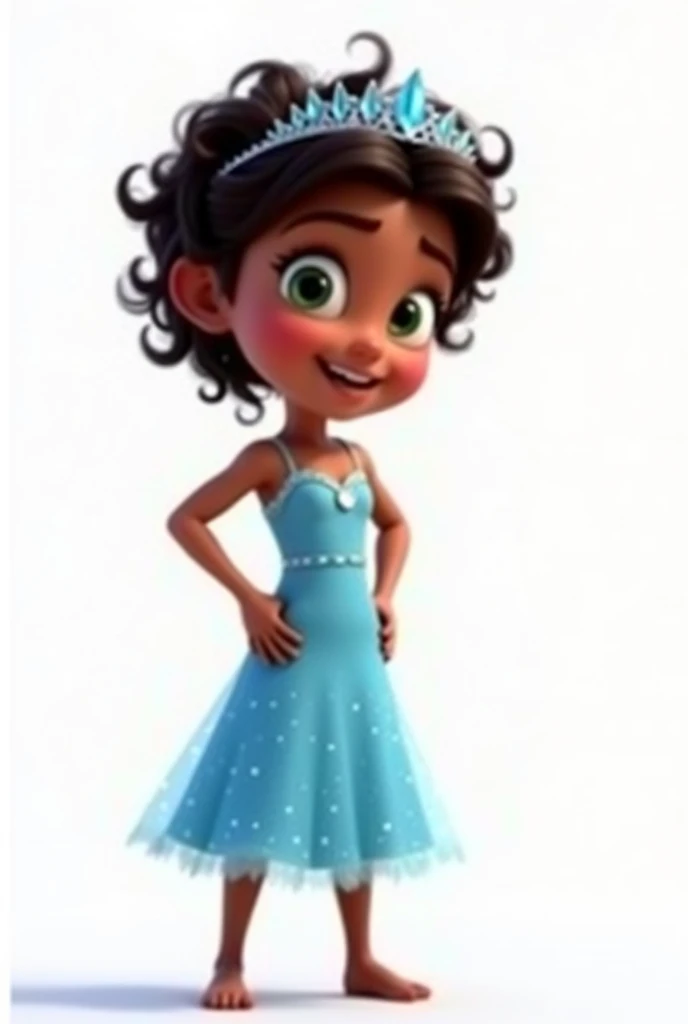 Create a high-quality, high-definition (HD) Pixar 3D-style image with vivid colors and sharp lines. The image should include: A girl, standing with her hands on her waist, dancing with dark brown skin, dark brown hair with many curls and very short, at ear level, she wears an ice crown. leaf green eyes, happy and expressive. She is wearing a light blue dress with small sparkling stones, inspired by the character Elsa from the movie "Frozen". The girl is smiling and looking at the camera, she must appear full body with her hands on her waist.
The image must have a white rendered background.