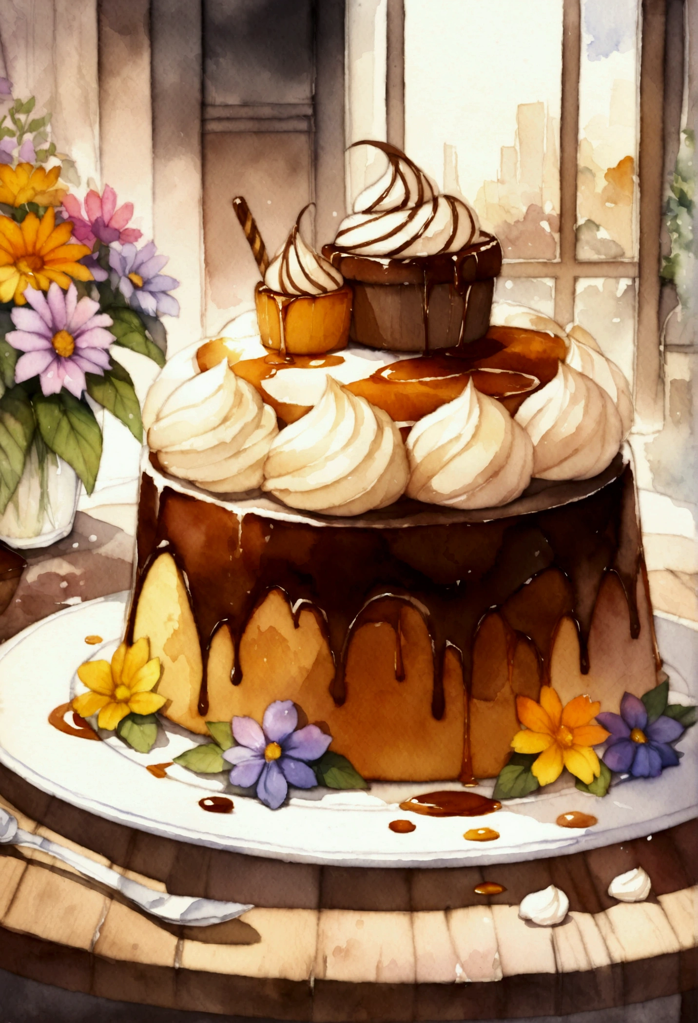 A beautiful watercolor illustration of  sticky toffee pudding  cake with caramel whip cream and flowers on a plate