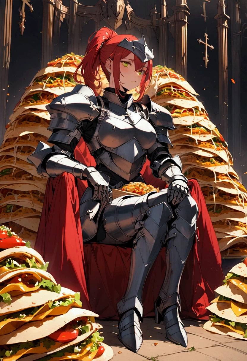 Iron armour knight , red ponytail from head , female , sitting on throne made out of tacos , cross legged, piles of tacos
