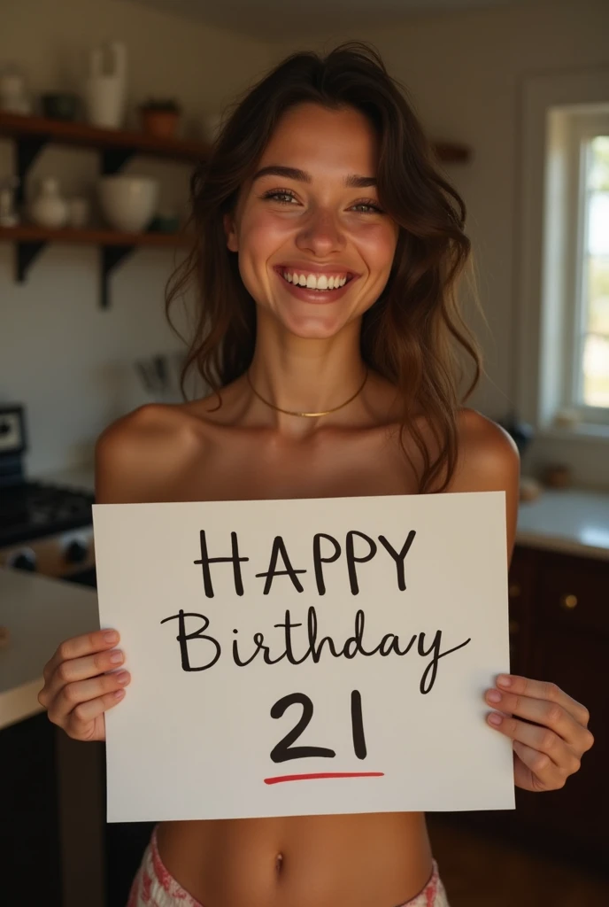 A 21 year young girl in kitchen, holding board written happy birthday Archit, nude