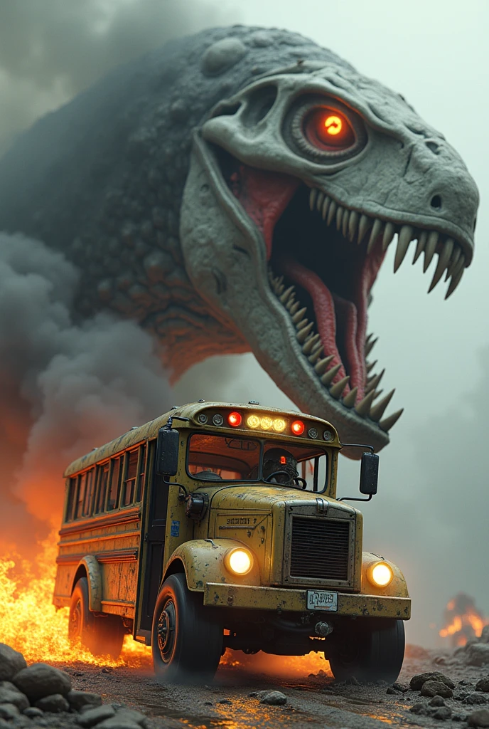 Create a cyborg heron driving a burning bus escaping from a radioactive zombie megalodon skull