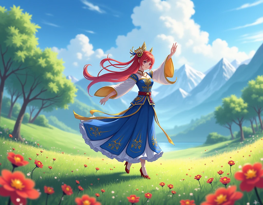 Nilou from Genshin Impact standing in a meadow filled with Padisarah flowers from Genshin Impact. Nilou is wearing her traditional dance costume with blue and gold elements, her long red hair flowing in the wind. She is performing a graceful dance, her movements smooth and elegant. Magical particles glow around her, creating an atmosphere of enchantment. The meadow is surrounded by green hills and trees, with mountains visible in the background. Style and color grading as in the game Genshin Impact, high quality, detailed environment, vibrant colors, anime style.
