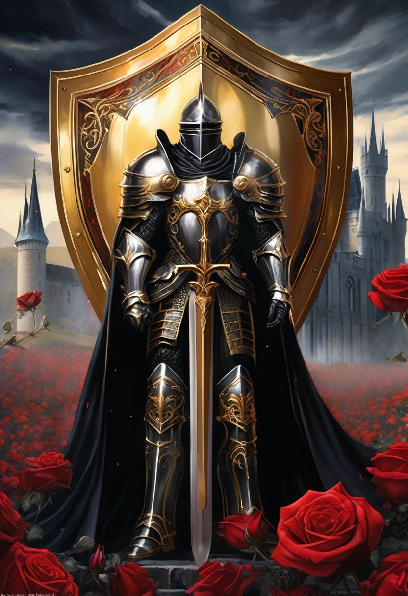 Full length wide angle view glorious honor bright monarch king knight (shield:1.5) Wearing exquisite black heavy knight armor，Gold plated on it,Silver lifts gold、Black and crimson (shield:1.5) ; Gothic castle background; Reality, Extremely detailed, meticulous, Awesome, Gorgeous, Concept Art, Dark Fantasy, Gothic; Anne Stokes, Anna Dittmann, Greg Rutofsky, Josephine Wal High Gothic Dark Fantasy DarkSouls EldenRings Enchanted:Gothic : watercolor画光荣的光明君主国王骑士，Wearing a long warm cloak，Holding a long magic ball in his hand (shield:1.5) Wearing exquisite black heavy knight armor，Gold plated on it,Silver in the colorful rose field under the solar eclipse ::| Ultra Detailed: Extremists ::| Stunning masterpiece::| Jonas Droz: Las Mills, Warm autumn morning sunshine，White Rose and Blood Red Rose, Mark Brooks and Dan Mumford, Comic Art, perfect, Smooth, Gouache style, watercolor, Museum&#39;s epic impressionist maximalist masterpiece, Thick brushstrokes, Gouache mixture, 画布上厚厚的watercolor纹理层, 8K resolution, Painted landscapes