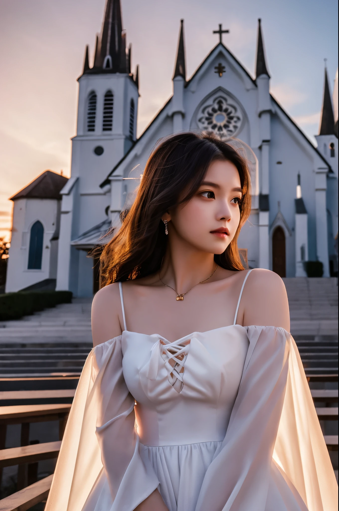 Highest quality　masterpiece　detailed　A very beautiful woman stands in front of a church at sunset　Photo style　Fantasy　dramatic　White Dress