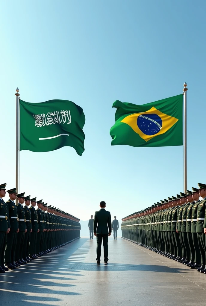 Create an image of two flags roads, from Saudi Arabia and Brazil, with the military forces of the two united nations paying tribute to each other 