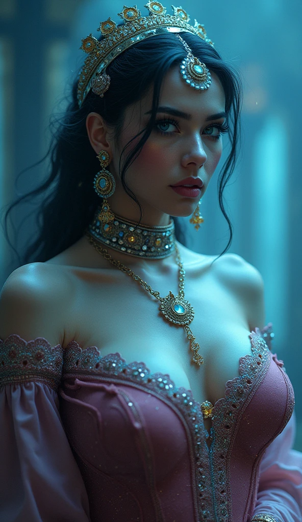 Big boobs big breasts sexy voluptuous erected  swxy breast a mughal queen sexy Mughal jewelry face Sexy cyberpunk sexy anime ethereal close up sexy glowing blue eyes sexy makeup eyes sexy lips sexy nose sexy face ethereal face sexy, write the name Sofia on her chest with glitter,