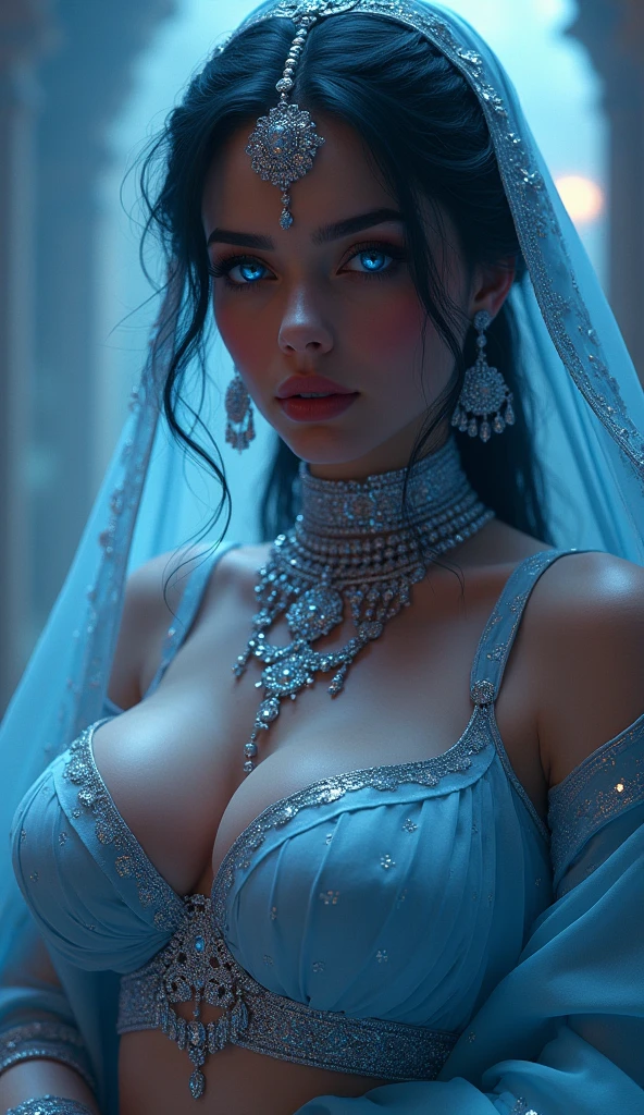 Big boobs big breasts sexy voluptuous erected  swxy breast a mughal queen sexy Mughal jewelry face Sexy cyberpunk sexy anime ethereal close up sexy glowing blue eyes sexy makeup eyes sexy lips sexy nose sexy face ethereal face sexy, write the name Sofia on her chest with glitter,