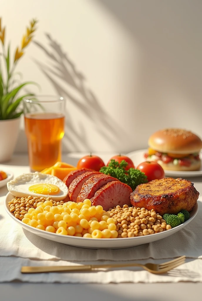(photorealism:1.2), Monday to Friday diet, with lunch, lunch and dinner, Monday eggs pasta and meat, Tuesday cereals, legumes and chicken