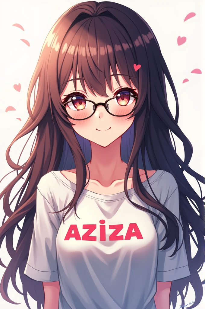 Generate me an image of beautiful girl with long hair and glasses and Aziza written on her shirt can be clearly seen in anime style and in 1:1 aspect ratio