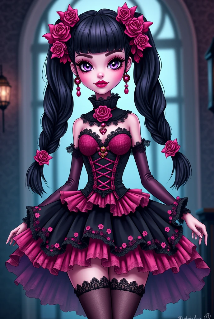 Create a redesign image for Draculaura [Monster High] using gothic and lolita style [Cartoon Style]