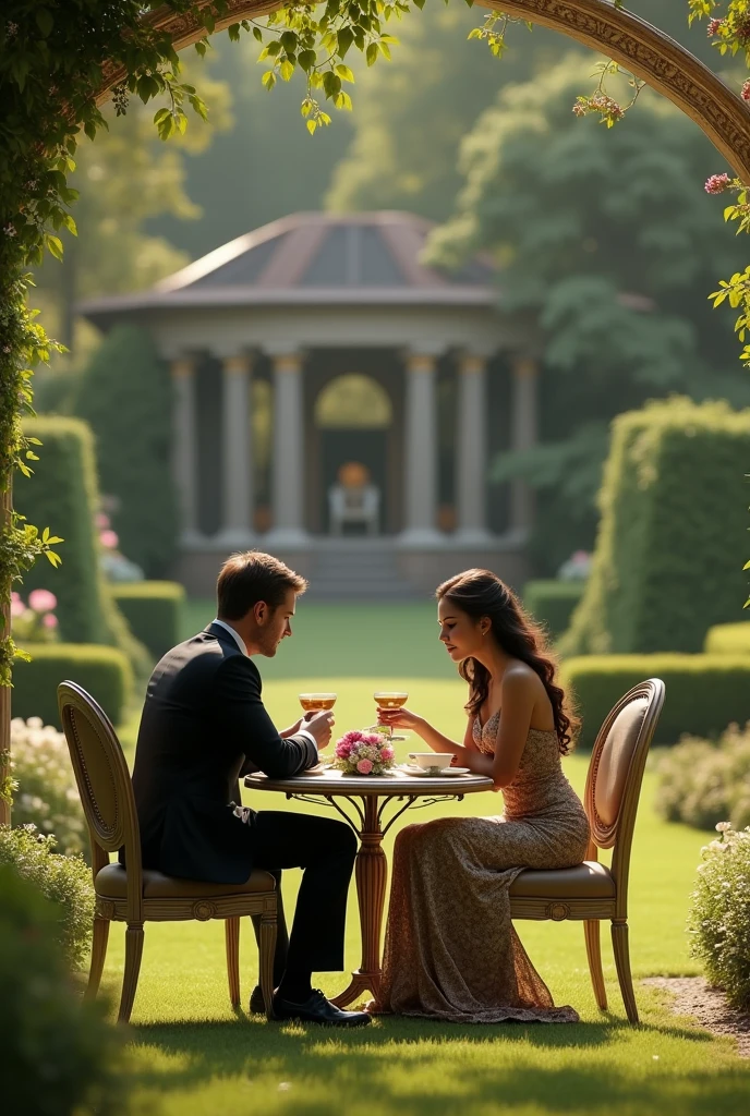 Rich man in dream home garden to take a tea with her sexy wife