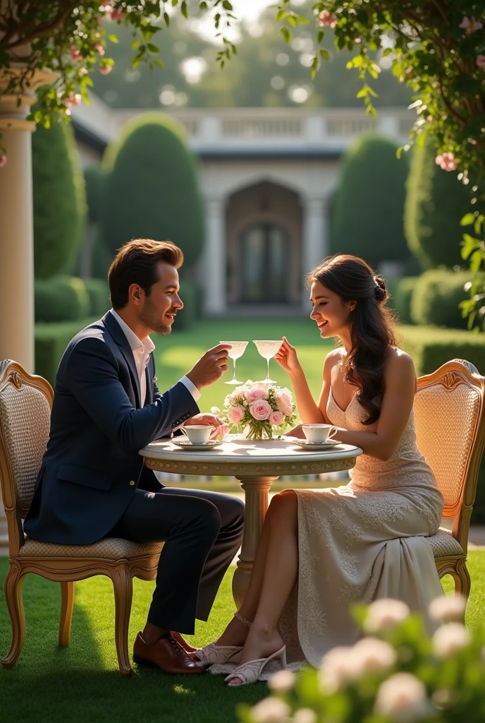 Rich man in dream home garden to take a tea with her sexy wife