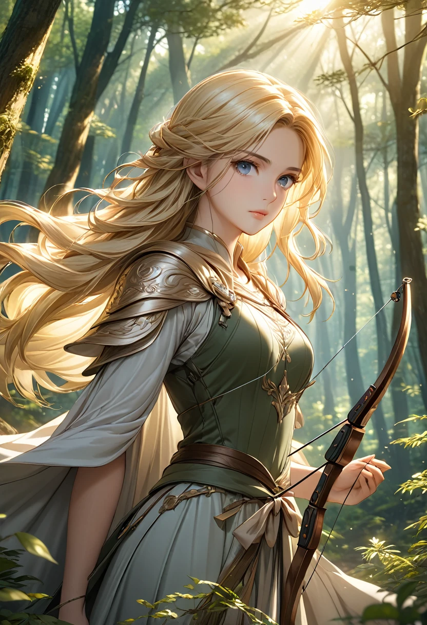 Beautiful female archer, holding a bow, Delicate face, beautiful eyes, Detailed facial features, Flowing long hair, Elegant Posture, Fantasy Landscape, Dense forest, blond，Sunlight through the trees, Soft tones, Dramatic Lighting, Film composition, number, Extremely detailed, (best quality,4K,8K,high resolution,masterpiece:1.2),Extremely detailed,(Practical,photoPractical,photo-Practical:1.37)