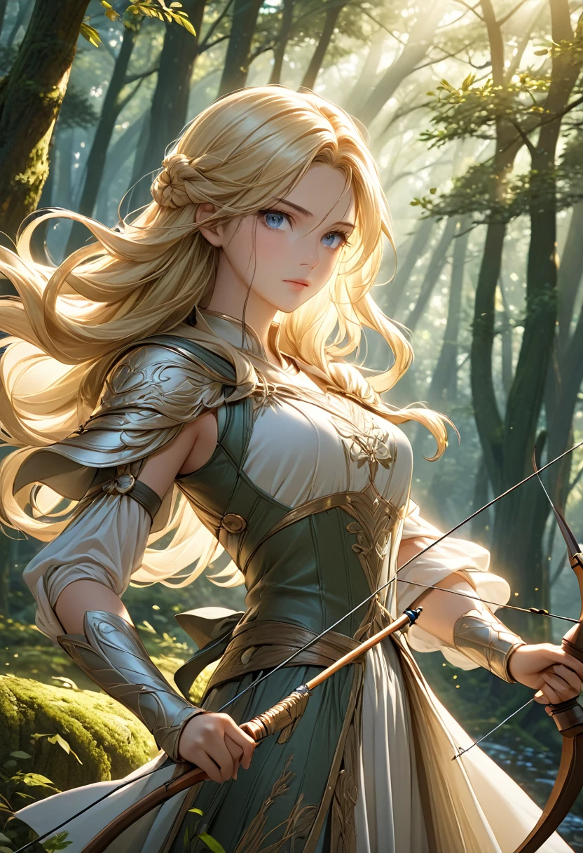 Beautiful female archer, holding a bow, Delicate face, beautiful eyes, Detailed facial features, Flowing long hair, Elegant Posture, Fantasy Landscape, Dense forest, blond，Sunlight through the trees, Soft tones, Dramatic Lighting, Film composition, number, Extremely detailed, (best quality,4K,8K,high resolution,masterpiece:1.2),Extremely detailed,(Practical,photoPractical,photo-Practical:1.37)