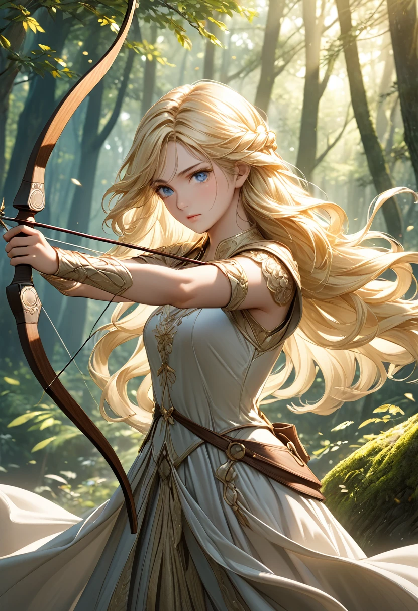 Beautiful female archer, holding a bow, Delicate face, beautiful eyes, Detailed facial features, Flowing long hair, Elegant Posture, Fantasy Landscape, Dense forest, blond，Sunlight through the trees, Soft tones, Dramatic Lighting, Film composition, number, Extremely detailed, (best quality,4K,8K,high resolution,masterpiece:1.2),Extremely detailed,(Practical,photoPractical,photo-Practical:1.37)