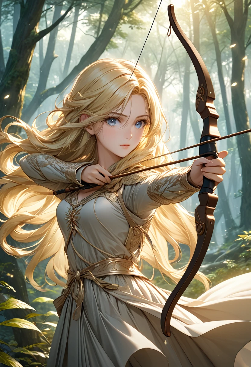 Beautiful female archer, holding a bow, Delicate face, beautiful eyes, Detailed facial features, Flowing long hair, Elegant Posture, Fantasy Landscape, Dense forest, blond，Sunlight through the trees, Soft tones, Dramatic Lighting, Film composition, number, Extremely detailed, (best quality,4K,8K,high resolution,masterpiece:1.2),Extremely detailed,(Practical,photoPractical,photo-Practical:1.37)